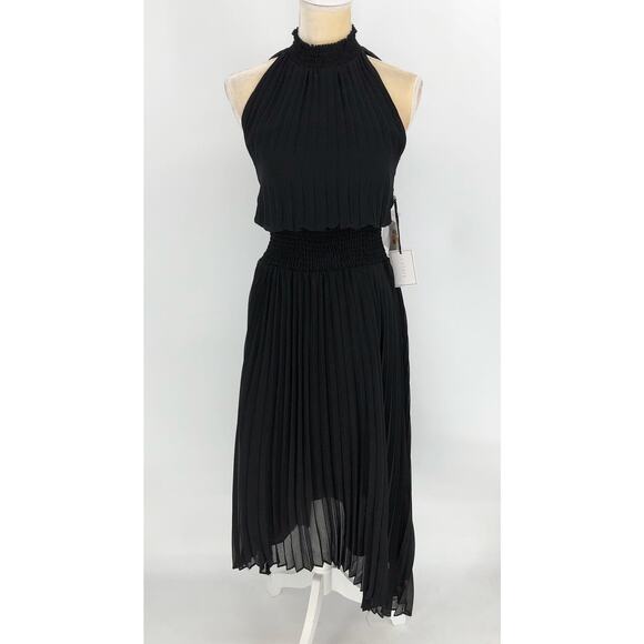 1. STATE Women's Pleated Midi Dress Small Black Halter Neck Handkerchief Hem NWT - Picture 3 of 10